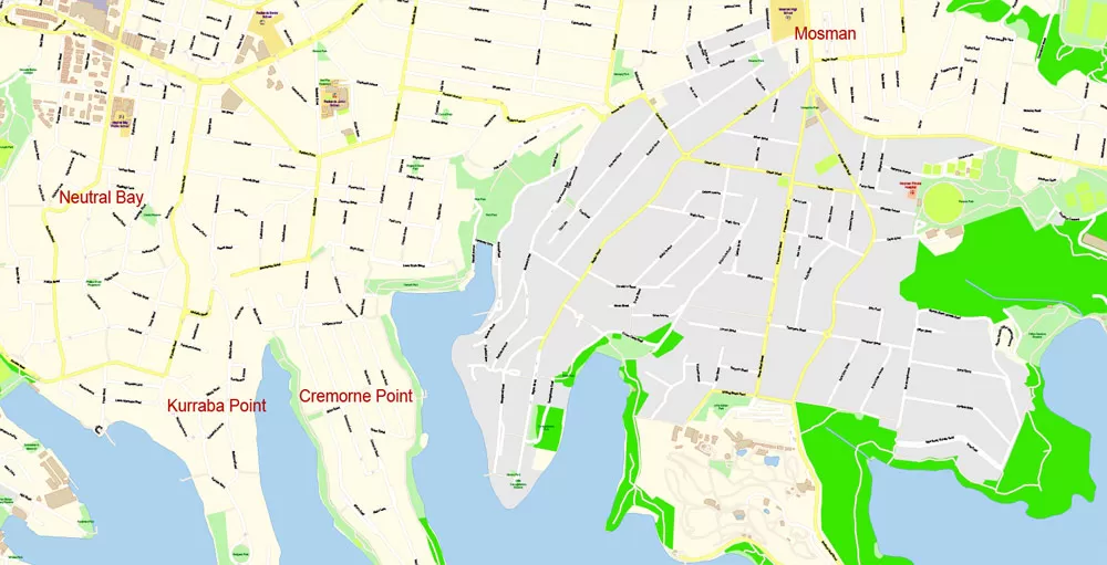 Sydney City Center Vector Map Australia exact printable City Plan editable layered Adobe Illustrator scale 1:3900 Street Map, scalable, text format all names
