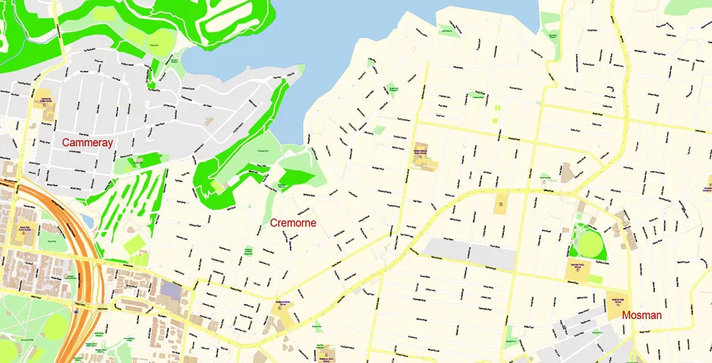 Sydney City Center Vector Map Australia exact printable City Plan editable layered Adobe Illustrator scale 1:3900 Street Map, scalable, text format all names