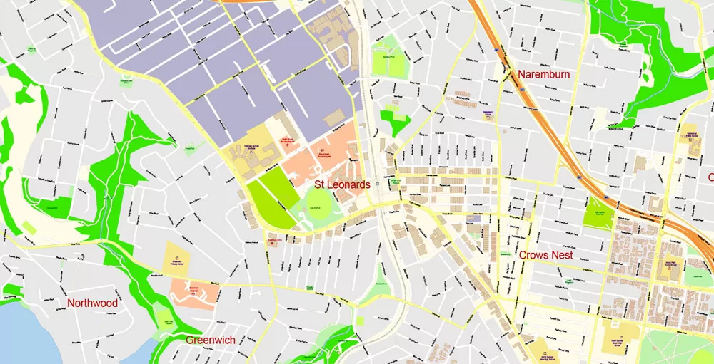 Sydney City Center Vector Map Australia exact printable City Plan editable layered Adobe Illustrator scale 1:3900 Street Map, scalable, text format all names