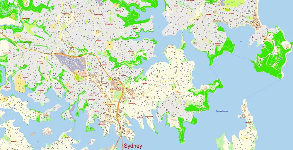 Sydney City Center Vector Map Australia exact printable City Plan editable layered Adobe Illustrator scale 1:3900 Street Map, scalable, text format all names