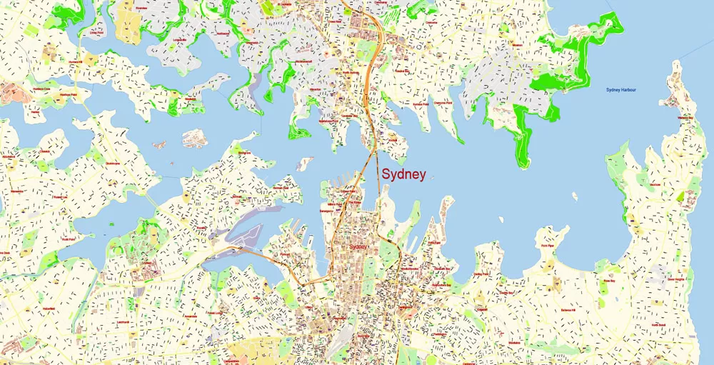 Sydney City Center Vector Map Australia exact printable City Plan editable layered Adobe Illustrator scale 1:3900 Street Map, scalable, text format all names