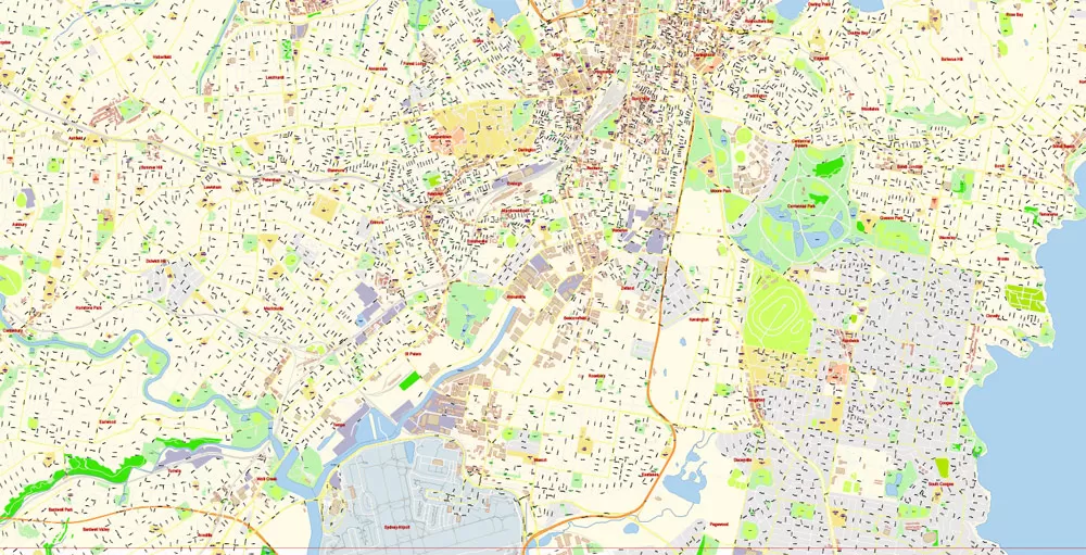 Sydney City Center Vector Map Australia exact printable City Plan editable layered Adobe Illustrator scale 1:3900 Street Map, scalable, text format all names