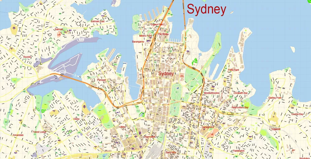 Sydney City Center Vector Map Australia exact printable City Plan editable layered Adobe Illustrator scale 1:3900 Street Map, scalable, text format all names