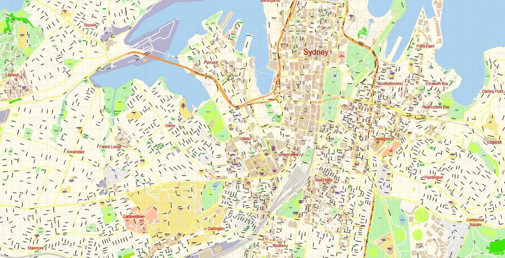 Sydney City Center Vector Map Australia exact printable City Plan editable layered Adobe Illustrator scale 1:3900 Street Map, scalable, text format all names