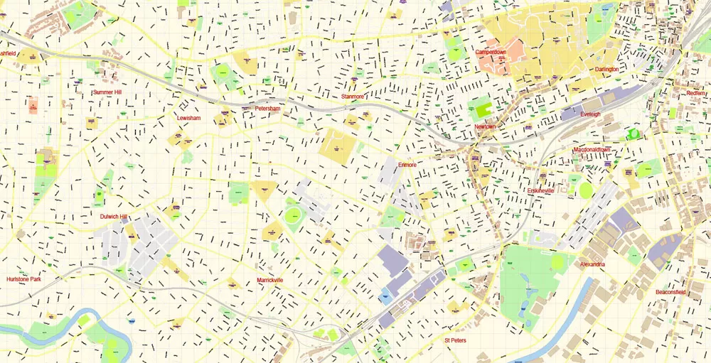 Sydney City Center Vector Map Australia exact printable City Plan editable layered Adobe Illustrator scale 1:3900 Street Map, scalable, text format all names