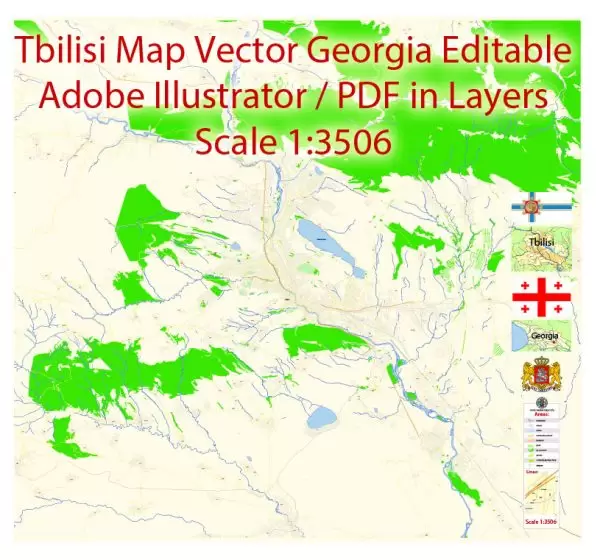Tbilisi Vector Map Georgia EN detailed City Plan editable Adobe Illustrator Street Map in layers