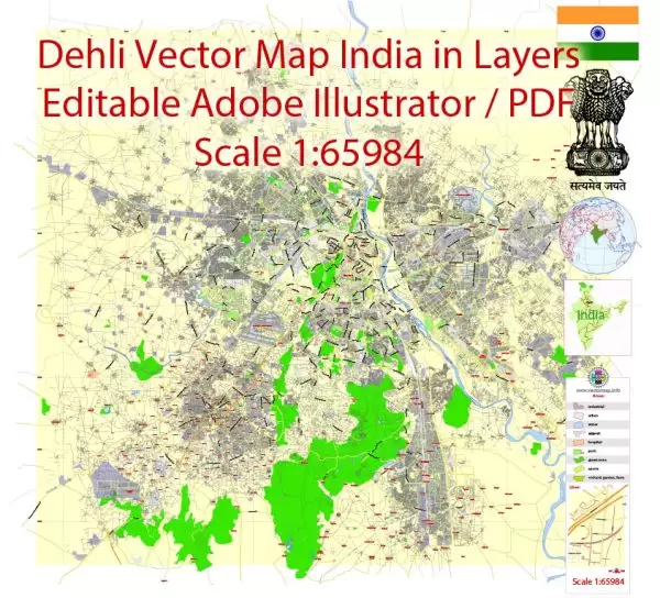 Printable Vector Map of Delhi India ENG low detailed City Plan for small print size scale 1:65984 full editable Adobe Illustrator Street Map in layers