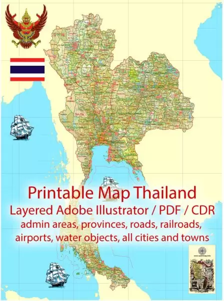 Bangkok PDF Map Thailand ENG low detailed City Plan for small print size full editable Adobe PDF Street Map in layers