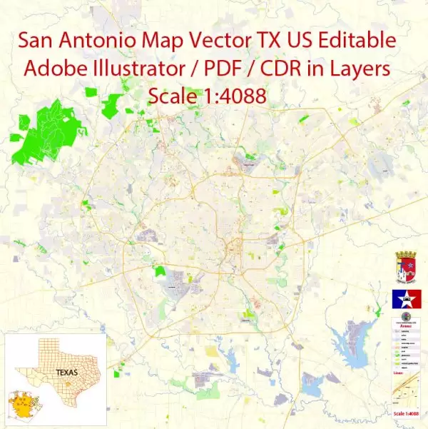 Printable Vector Map of San Antonio Texas US detailed City Plan scale 1:4088 full editable Adobe Illustrator Street Map in layers