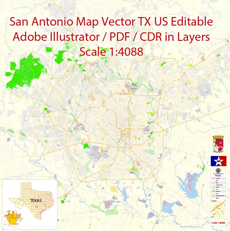 Printable Vector Map of San Antonio Texas US detailed City Plan scale 1:4088 full editable Adobe Illustrator Street Map in layers