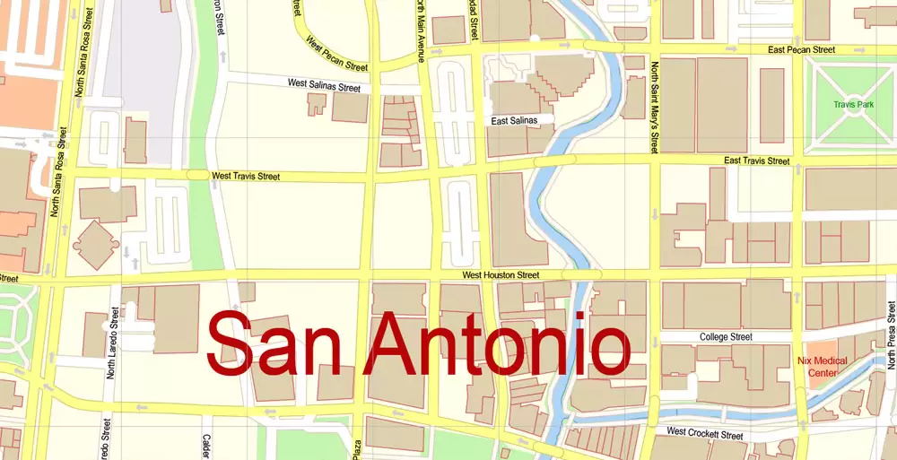 Printable Vector Map of San Antonio Texas US detailed City Plan scale 1:4088 full editable Adobe Illustrator Street Map in layers