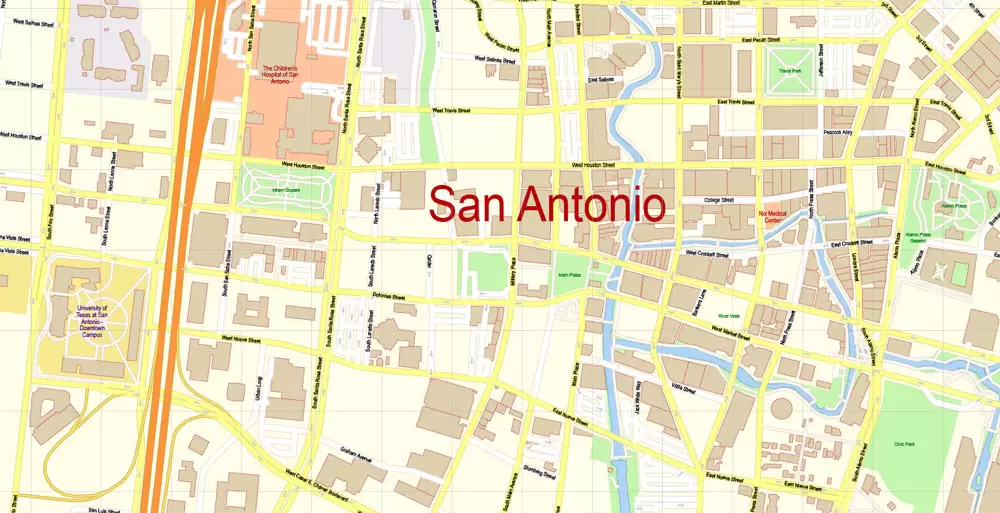 Printable Vector Map of San Antonio Texas US detailed City Plan scale 1:4088 full editable Adobe Illustrator Street Map in layers