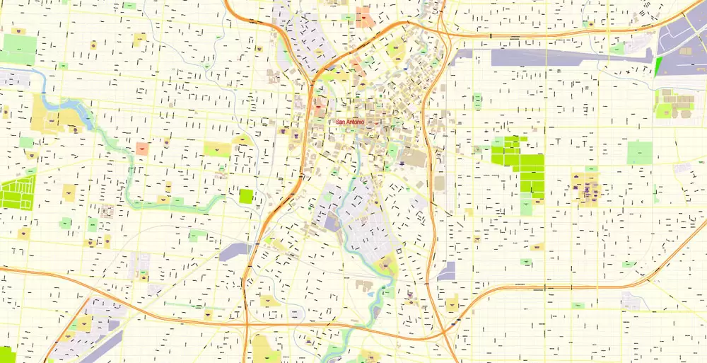 Printable Vector Map of San Antonio Texas US detailed City Plan scale 1:4088 full editable Adobe Illustrator Street Map in layers