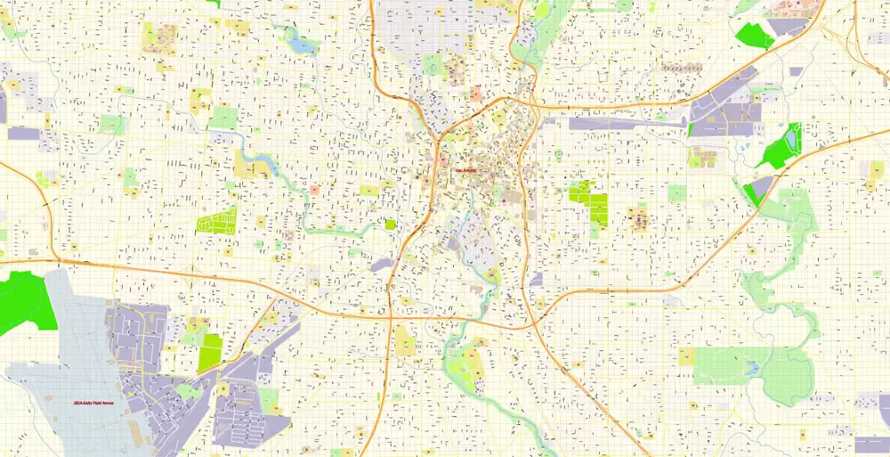 Printable Vector Map of San Antonio Texas US detailed City Plan scale 1:4088 full editable Adobe Illustrator Street Map in layers