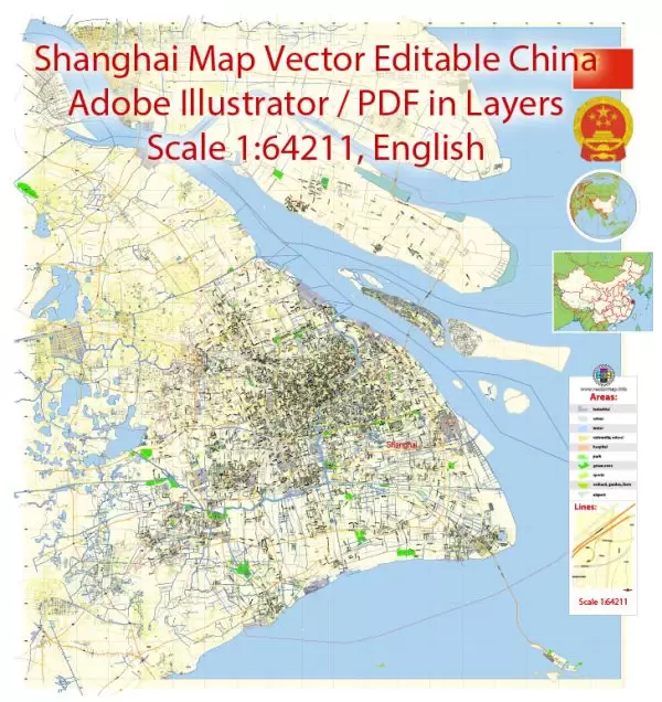 Printable Vector Map of Shanghai China ENG Low detailed City Plan scale 1:64211 editable Adobe Illustrator Street Map in layers  for small size printing