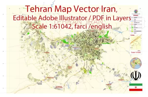 Printable Vector Map of Tehran Iran EN Low detailed City Plan scale 1:61042 full editable Adobe Illustrator Street Map in layers for small print size