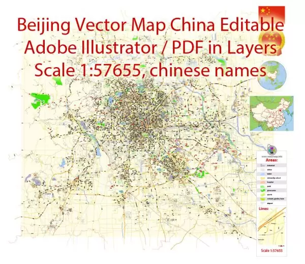 Printable Vector Map of Beijing China Cninese Low detailed City Plan scale 1:57655 editable Adobe Illustrator Street Map in layers  for small size printing