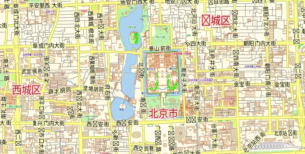 Printable Vector Map of Beijing China Cninese Low detailed City Plan scale 1:57655 editable Adobe Illustrator Street Map in layers for small size printing