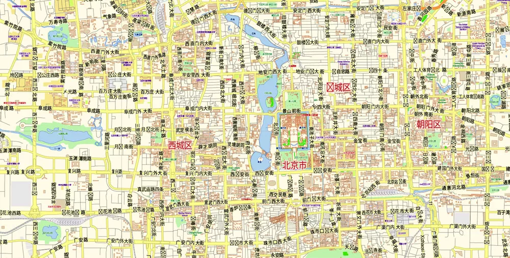 Printable Vector Map of Beijing China Cninese Low detailed City Plan scale 1:57655 editable Adobe Illustrator Street Map in layers for small size printing