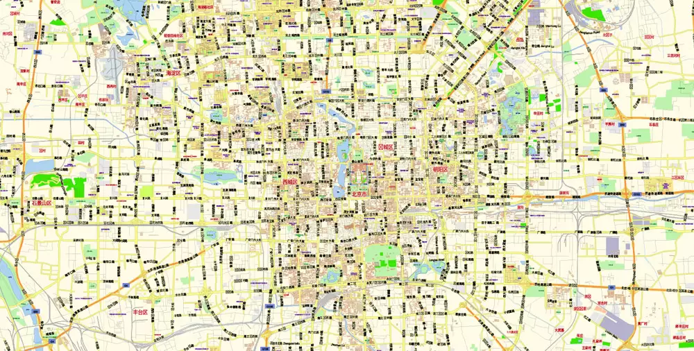 Printable Vector Map of Beijing China Cninese Low detailed City Plan scale 1:57655 editable Adobe Illustrator Street Map in layers for small size printing