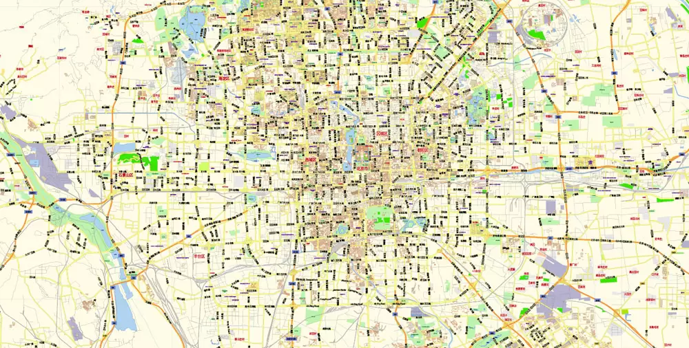 Printable Vector Map of Beijing China Cninese Low detailed City Plan scale 1:57655 editable Adobe Illustrator Street Map in layers for small size printing