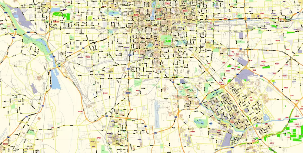 Printable Vector Map of Beijing China Cninese Low detailed City Plan scale 1:57655 editable Adobe Illustrator Street Map in layers for small size printing
