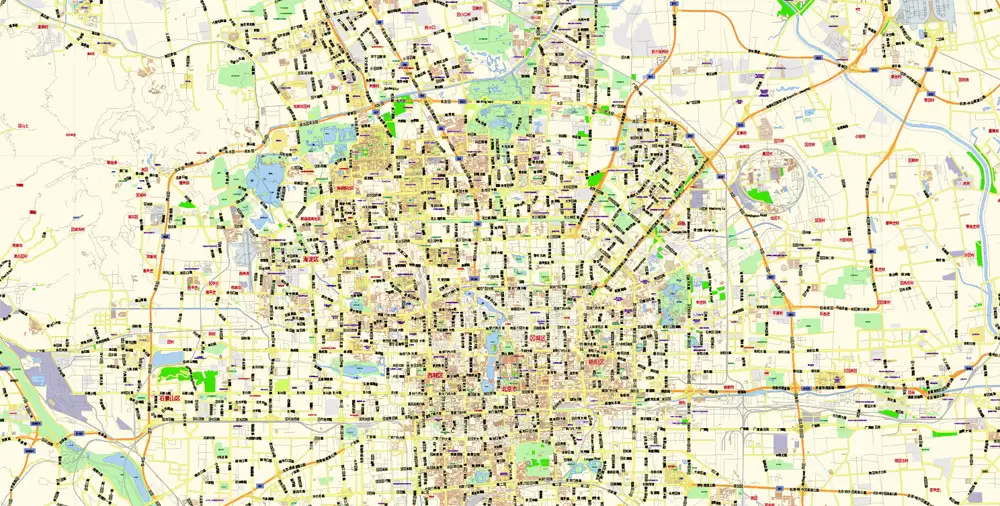 Printable Vector Map of Beijing China Cninese Low detailed City Plan scale 1:57655 editable Adobe Illustrator Street Map in layers for small size printing