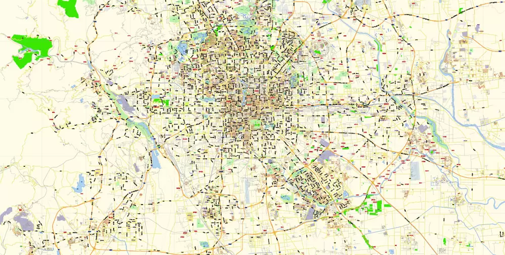 Printable Vector Map of Beijing China Cninese Low detailed City Plan scale 1:57655 editable Adobe Illustrator Street Map in layers for small size printing