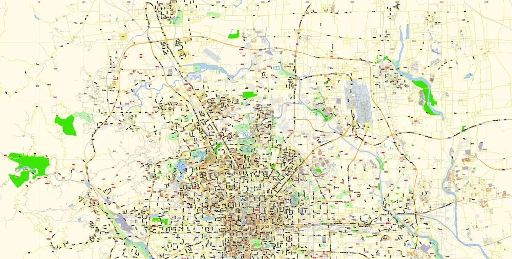 Printable Vector Map of Beijing China Cninese Low detailed City Plan scale 1:57655 editable Adobe Illustrator Street Map in layers for small size printing
