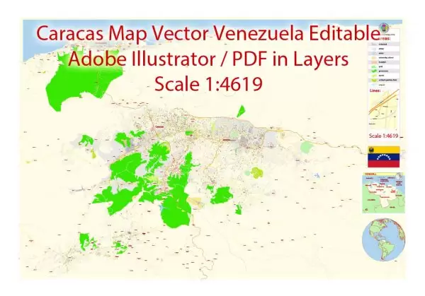 Caracas Vector Map Venezuela exact printable City Plan editable layered Adobe Illustrator extra detailed Street Map