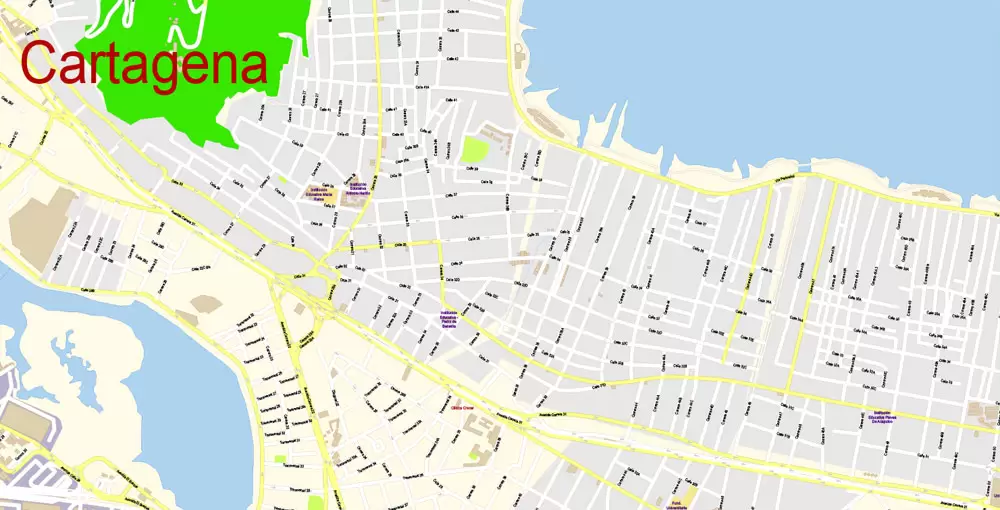 Printable Vector Map Cartagena Colombia exact extra detailed City Plan editable Adobe Illustrator scale 1:4619 Street Map in layers 5 Mb ZIP