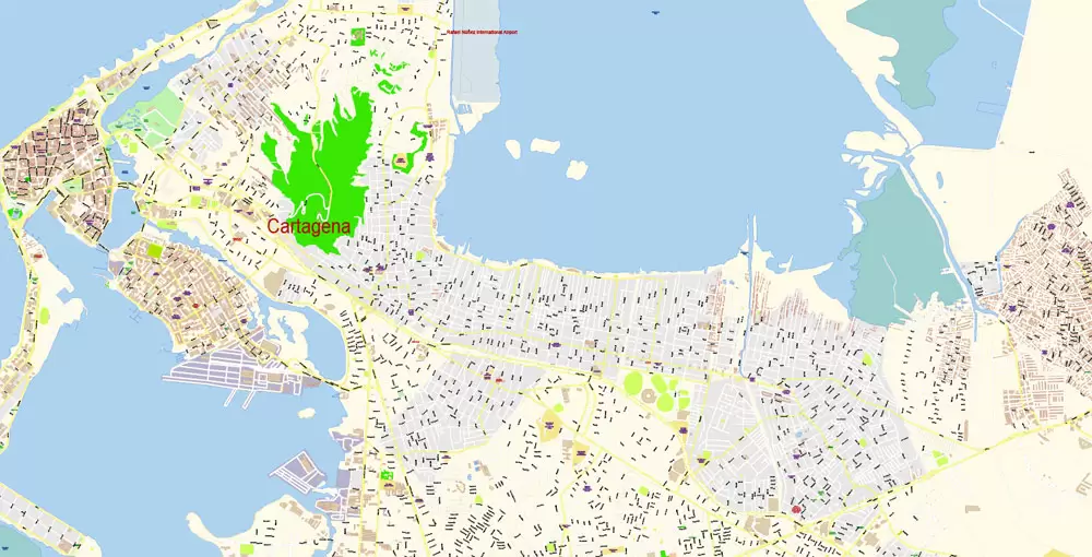 Printable Vector Map Cartagena Colombia exact extra detailed City Plan editable Adobe Illustrator scale 1:4619 Street Map in layers 5 Mb ZIP