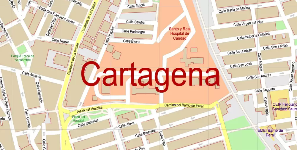 Map Cartagena Printable Vector Spain exact extra detailed City Plan editable Adobe Illustrator scale 1:3718 Street Map in layers 7 Mb ZIP