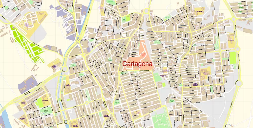 Map Cartagena Printable Vector Spain exact extra detailed City Plan editable Adobe Illustrator scale 1:3718 Street Map in layers 7 Mb ZIP