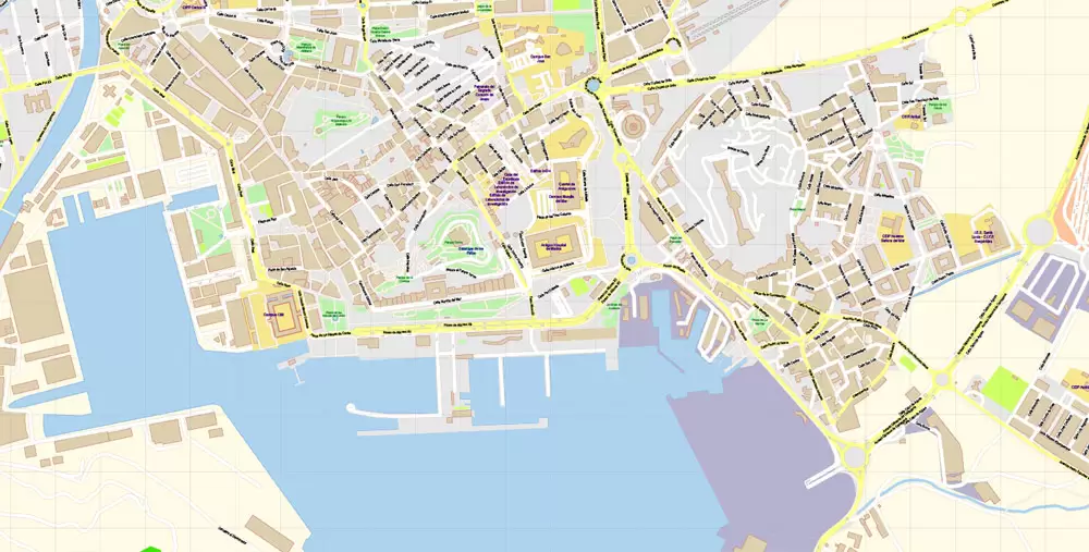 Map Cartagena Printable Vector Spain exact extra detailed City Plan editable Adobe Illustrator scale 1:3718 Street Map in layers 7 Mb ZIP