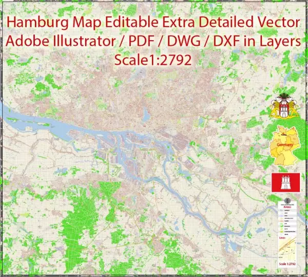 Printable Vector Map Hamburg Germany exact Extra Detailed City Plan scale 1:2792 editable Layered Adobe Illustrator Street Map 45 Mb ZIP