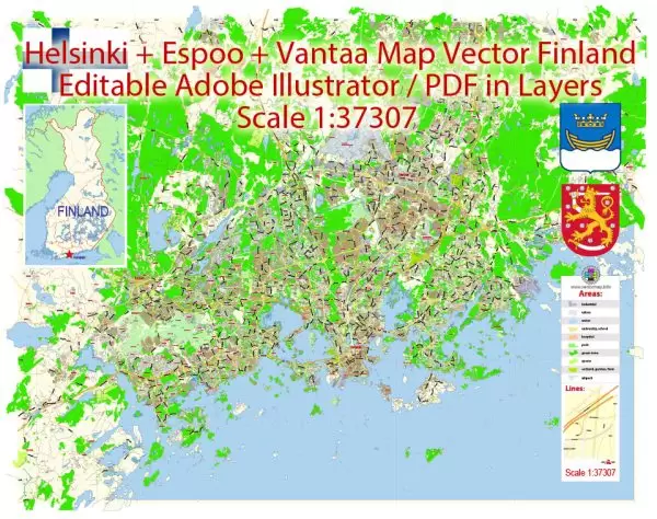 Helsinki + Espoo + Vantaa Map Vector Finland Low detailed City Plan editable Layered Adobe Illustrator Street Map