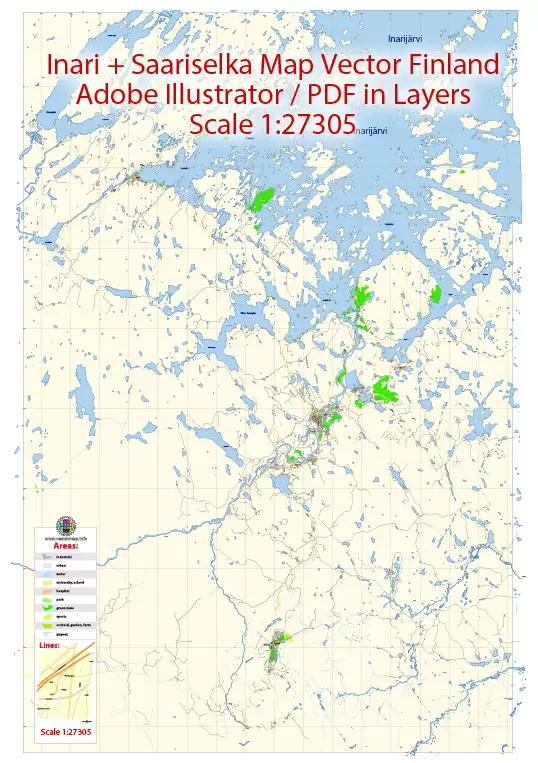 Inari + Saariselka Map Vector Finland Low detailed City Plan editable Layered Adobe Illustrator Street Map