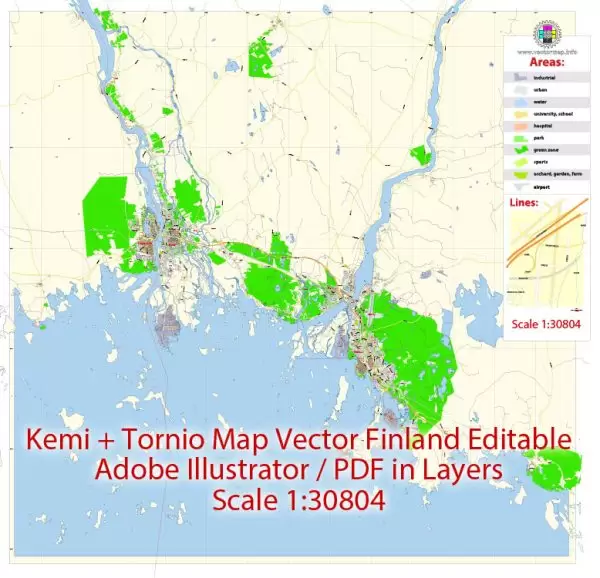 Kemi + Tornio Map Vector Finland Low detailed City Plan editable Layered Adobe Illustrator Street Map