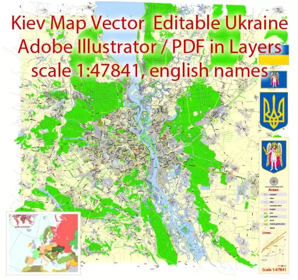 Kiev Vector Map Ukraine English City Plan Low Detailed editable Adobe Illustrator Street Map in layers