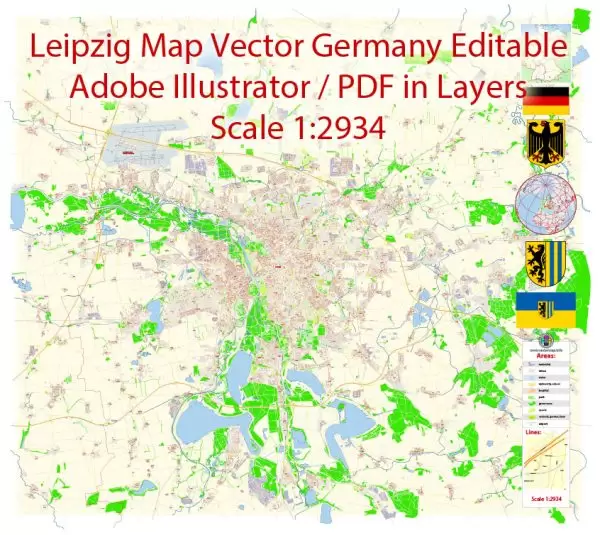 Printable Vector Map Leipzig Germany exact extra detailed City Plan editable Adobe Illustrator scale 1:2934 Street Map in layers