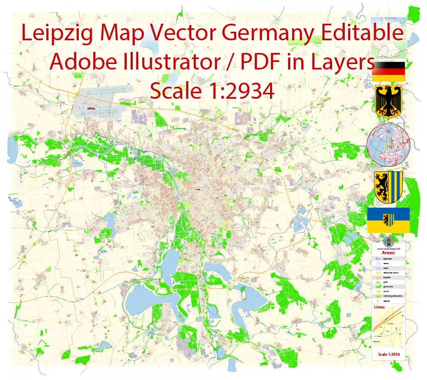 Printable Vector Map Leipzig Germany exact extra detailed City Plan editable Adobe Illustrator scale 1:2934 Street Map in layers