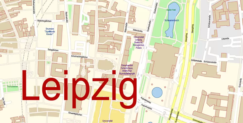 Printable Vector Map Leipzig Germany exact extra detailed City Plan editable Adobe Illustrator scale 1:2934 Street Map in layers