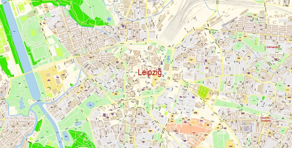 Printable Vector Map Leipzig Germany exact extra detailed City Plan editable Adobe Illustrator scale 1:2934 Street Map in layers