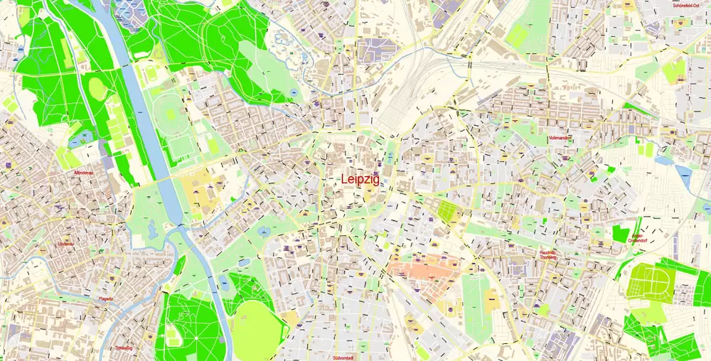 Printable Vector Map Leipzig Germany exact extra detailed City Plan editable Adobe Illustrator scale 1:2934 Street Map in layers