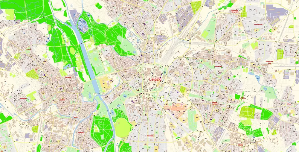 Printable Vector Map Leipzig Germany exact extra detailed City Plan editable Adobe Illustrator scale 1:2934 Street Map in layers
