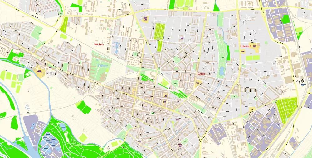 Printable Vector Map Leipzig Germany exact extra detailed City Plan editable Adobe Illustrator scale 1:2934 Street Map in layers