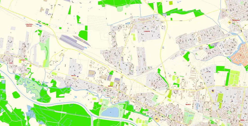 Printable Vector Map Leipzig Germany exact extra detailed City Plan editable Adobe Illustrator scale 1:2934 Street Map in layers