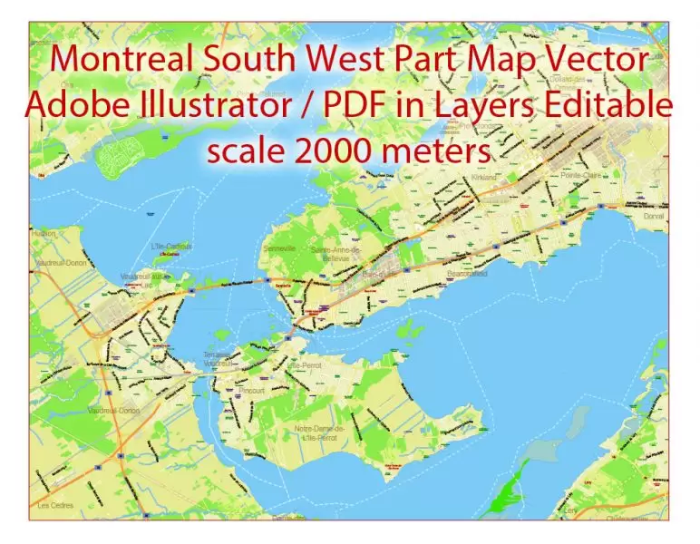 Montreal Canada Maps South-West Part exact vector editable City Plan 100 and 2000 meters scale 2 map in 1 archive Adobe Illustrator