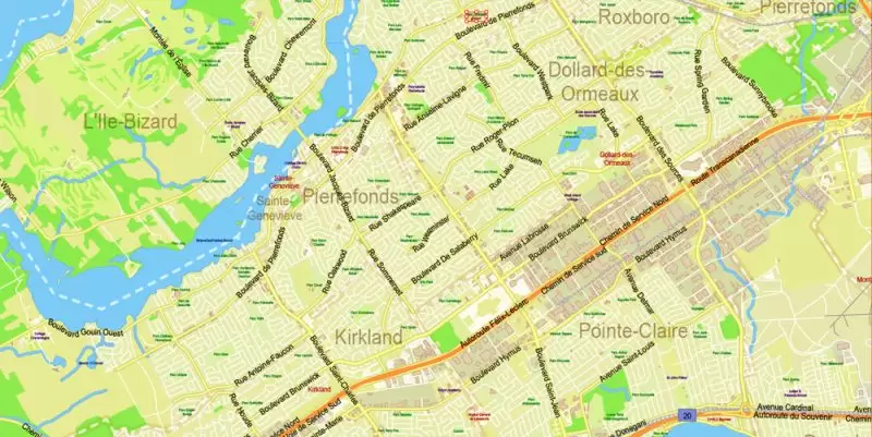 Montreal Canada Maps South-West Part exact vector editable City Plan 100 and 2000 meters scale 2 map in 1 archive Adobe Illustrator